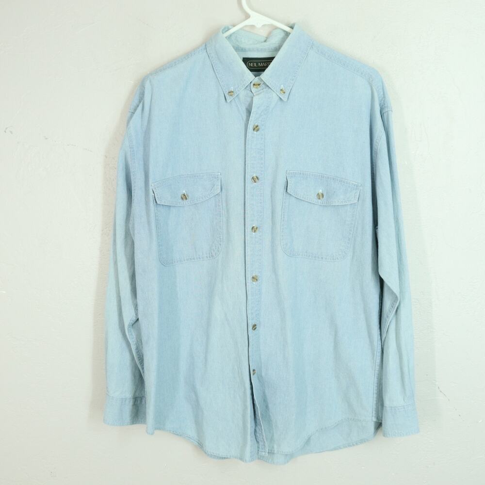 Vtg Neil Martin Denim Shirt Men M Light Blue Wash Button Front Pockets